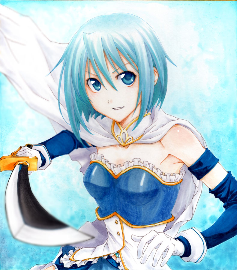 bare_shoulders, blue_eyes, blue_hair, cape, gloves, magical_girl, mahou_shoujo_madoka_magica, marker_(medium)