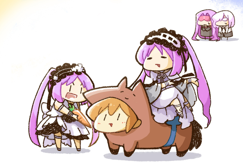 5girls, absurdres, blindfold, breaker_gorgon, carrot, chinese_zodiac, commentary_request, dress, euryale_(fate), fate/grand_order, fate_(series), fujimaru_ritsuka_(female), glasses, hairband, highres, holding, holding_carrot, holding_riding_crop, horseback_riding, long_hair, mash_kyrielight, medusa_(fate), medusa_(rider)_(fate), multiple_girls, ono-yuzi, orange_hair, purple_hair, riding, riding_crop, siblings, sisters, stheno_(fate), sweatdrop, twins, twintails, year_of_the_horse