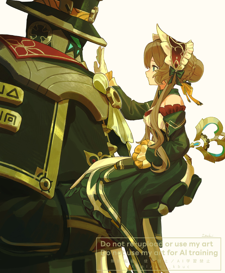 1girl, 1other, 39_iduki, absurdres, artist_name, ascot, black_bow, black_dress, black_hat, black_sleeves, blue_eyes, bow, braid, breasts, brown_hair, bun_with_braided_base, closed_mouth, commentary, detached_collar, detached_sleeves, dress, english_commentary, expressionless, frilled_dress, frilled_sleeves, frills, genshin_impact, gloves, hair_between_eyes, hair_bow, hair_bun, hair_ribbon, hand_up, hat, headdress, highres, humanoid_robot, long_hair, long_sleeves, looking_at_another, medium_breasts, profile, pulonia_(genshin_impact), ribbon, robot, sandrone_(genshin_impact), sidelocks, signature, simple_background, single_hair_bun, sitting, strapless, strapless_dress, top_hat, twitter_username, watermark, white_ascot, white_background, white_gloves, winding_key, wing_collar, yellow_ribbon