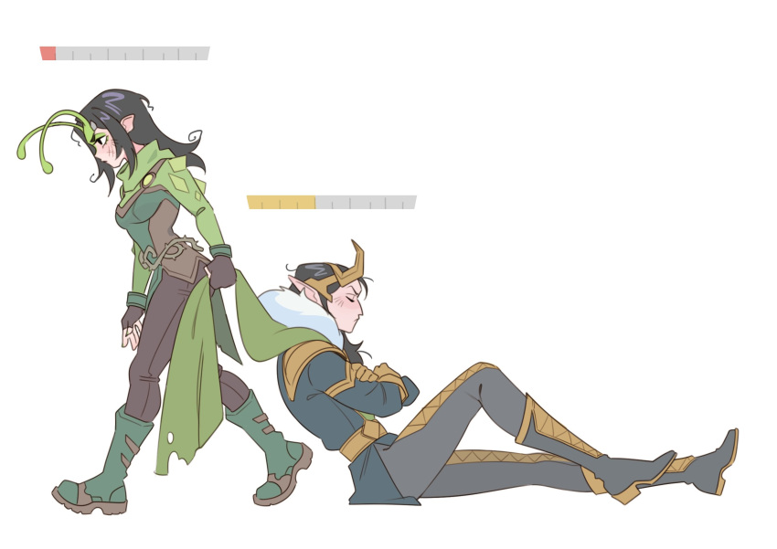 1boy, 1girl, alien, antennae, armor, black_gloves, black_hair, black_pants