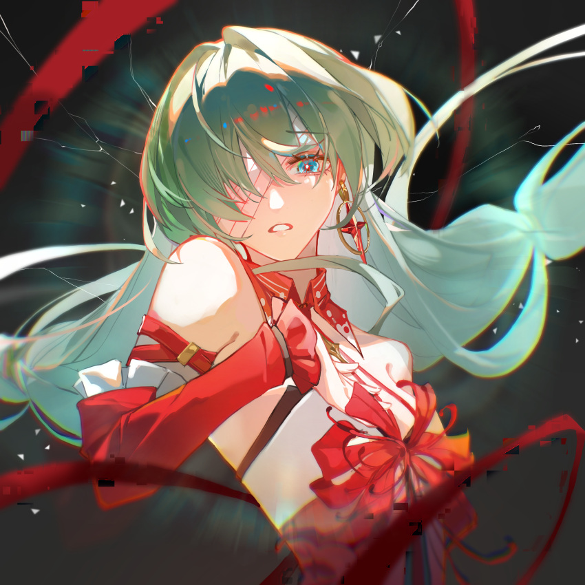1girl, absurdres, bandage_over_one_eye, bare_shoulders, blue_eyes, chinese_commentary, commentary_request, dark_background, detached_sleeves, dress, glitch, grey_hair, hand_on_own_chest, highres, long_hair, looking_at_viewer, one_eye_covered, parted_lips, phrolova_(wuthering_waves), red_dress, shi'er_youshui, sleeveless, sleeveless_dress, solo, upper_body, wuthering_waves