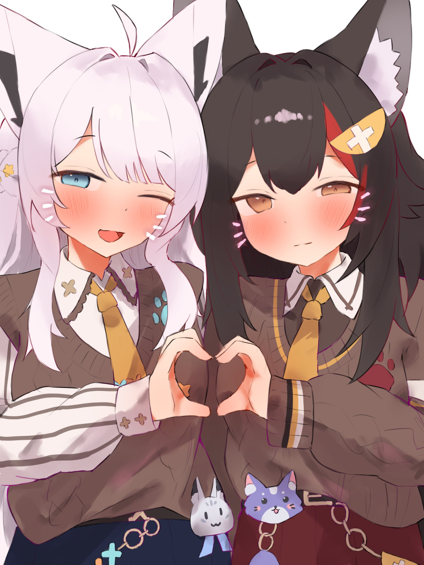 1girl, 2girls, absurdres, animal_ear_fluff, animal_ears, black_hair, black_skirt, closed_mouth
