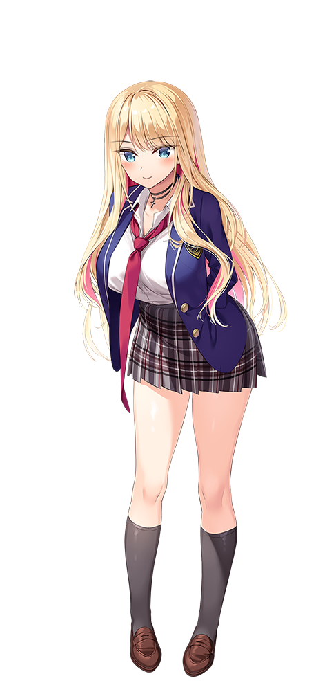 1girl, amaemi-longing_for_you-, arms_behind_back, black_choker, black_socks, blazer, blonde_hair, blue_eyes
