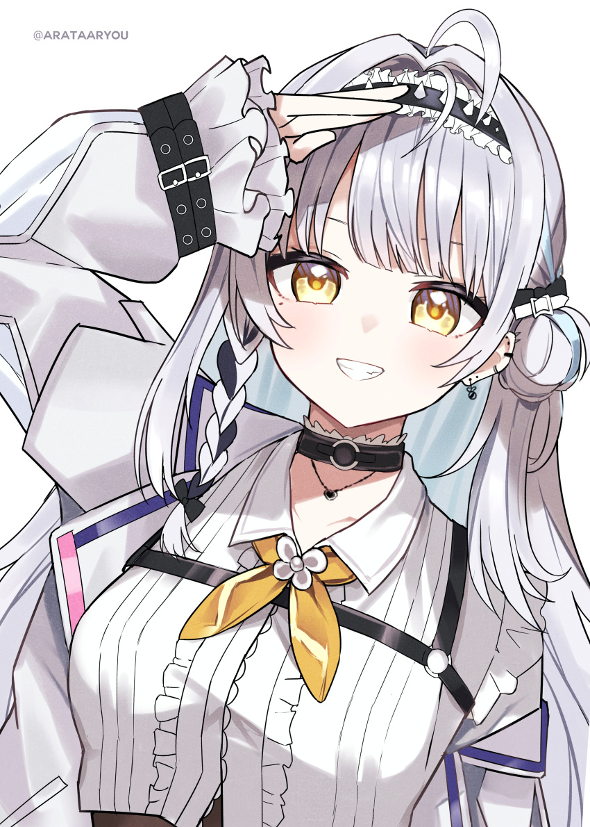 1girl, absurdres, ahoge, arata_ryou, arm_up, artist_name, black_choker, black_hairband