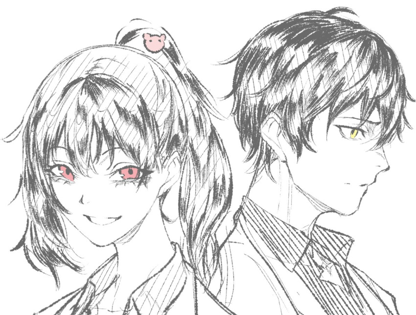 1boy, 1girl, ayin_(project_moon), black_hair, carmen_(project_moon), choppy_bangs, collared_shirt, eyelashes