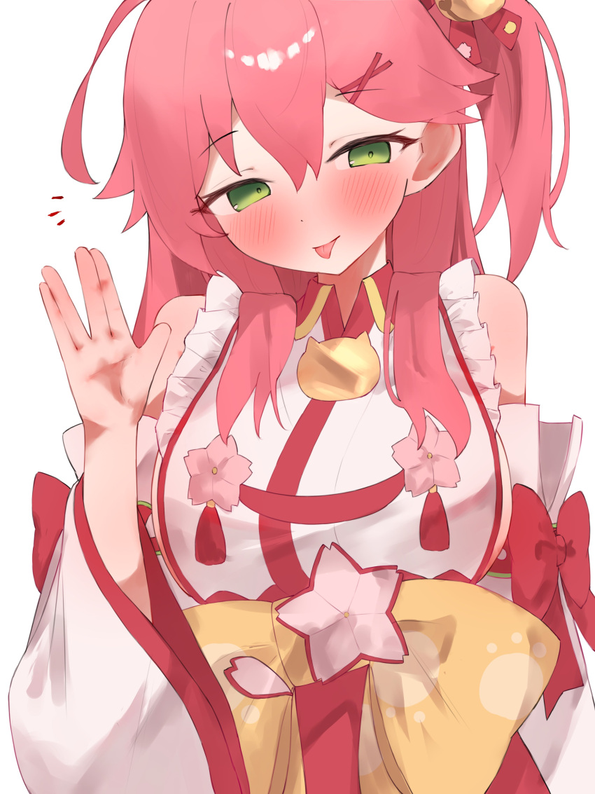 1girl, absurdres, ahoge, bell, closed_mouth, commentary, detached_sleeves, green_eyes