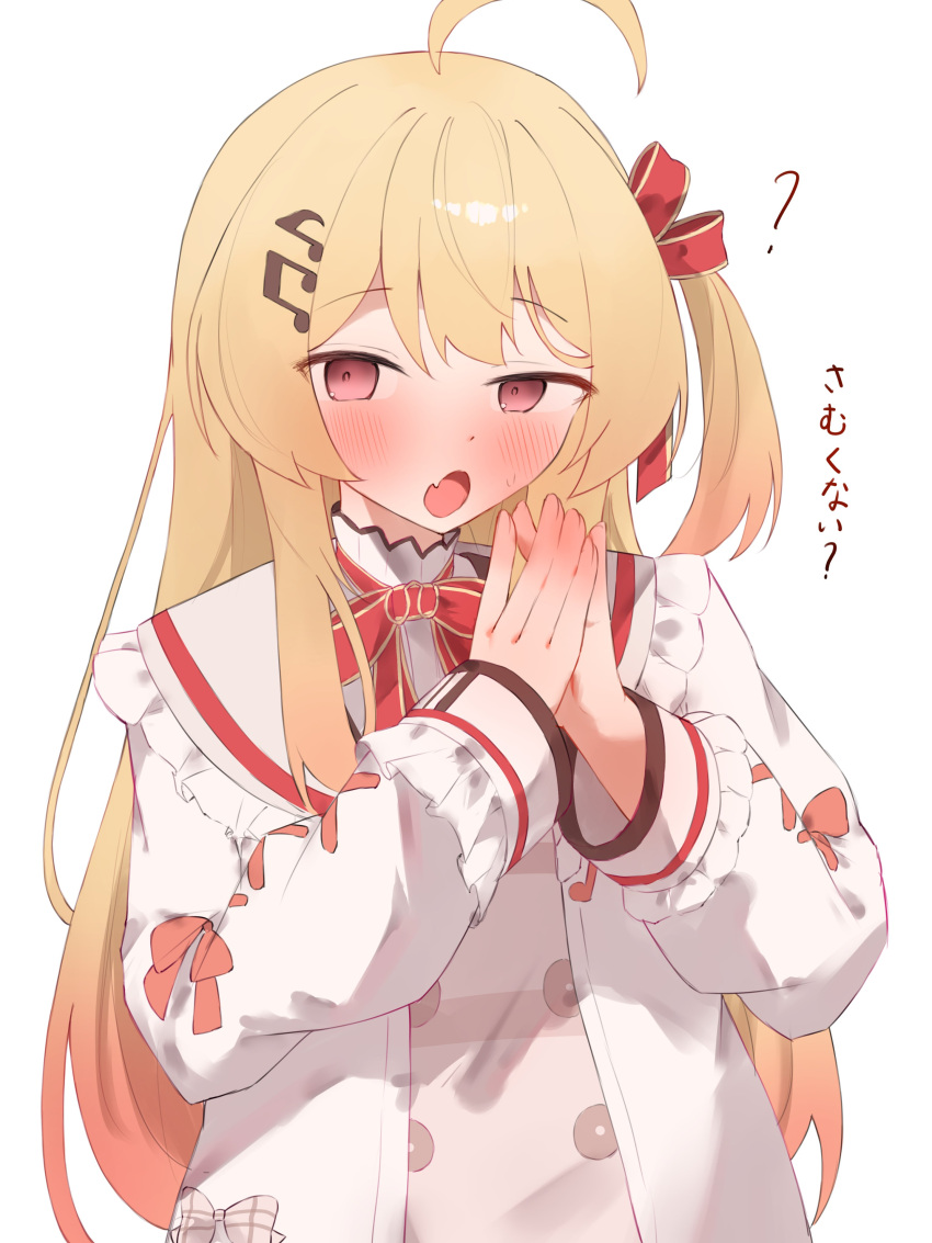 1girl, ?, absurdres, ahoge, blonde_hair, bow, brown_dress, dress
