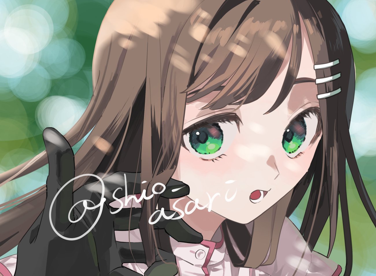1girl, black_gloves, brown_hair, commentary_request, disembodied_hand, gloves, green_eyes, hair_ornament