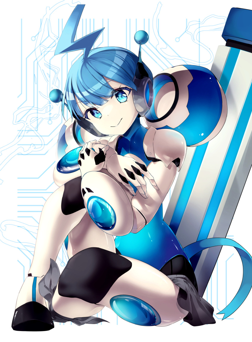 1girl, ahoge, blue_eyes, blue_hair, blue_leotard, closed_mouth, colored_skin, english_commentary, highres, leotard, looking_at_viewer, lukyyuki, maka_madoka, robot, robot_girl, smile, solo, white_skin, wixoss, wixoss_diva(a)live