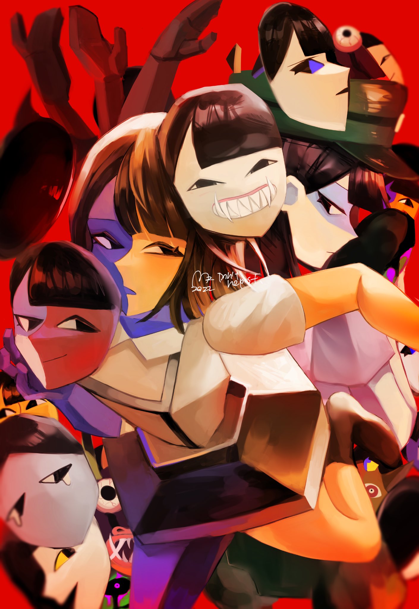2girls, black_eyes, black_hair, blue_skin, blunt_bangs, blunt_ends, colored_skin, commentary, demon_ena, diablada, diablada_ena, drunk_ena, ena:_dream_bbq, ena_(dream_bbq), ena_(ena), ena_(series), ena_(species), ena_(web_series), eyeball, fangs, full-happiness_ena, full-sadness_ena, green_ena, happy_ena, hat, highres, holding, holding_mask, low_poly, mask, multicolored_skin, multiple_girls, open_mouth, sadder_ena, salesperson_ena, sharp_teeth, shirt, short_sleeves, smile, split-color_skin, surreal, symbol-only_commentary, teeth, tusks, two-tone_skin, unworn_mask, usagimarumei