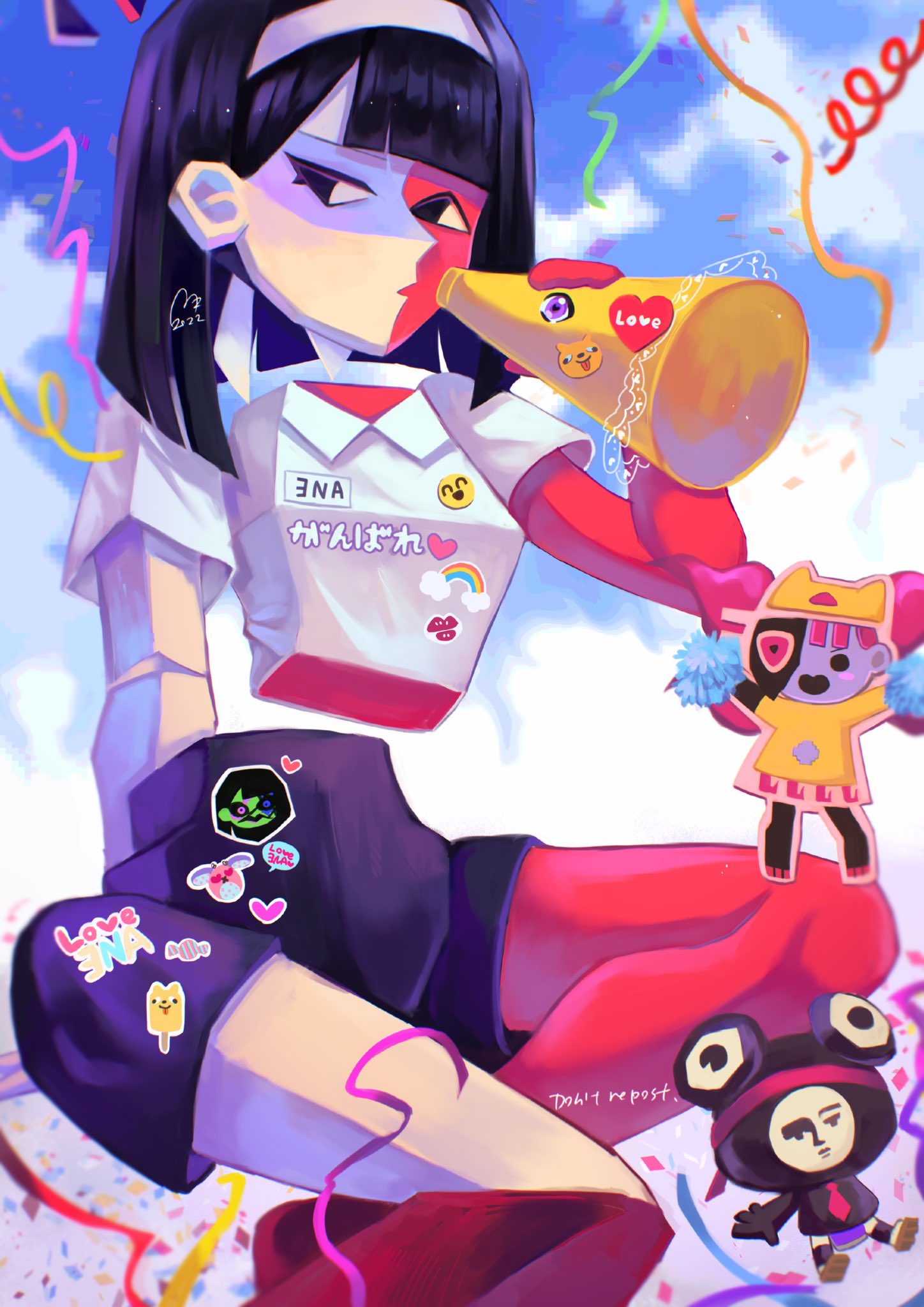 1boy, 2girls, black_eyes, black_hair, blunt_bangs, blunt_ends, bob_cut, colored_skin
