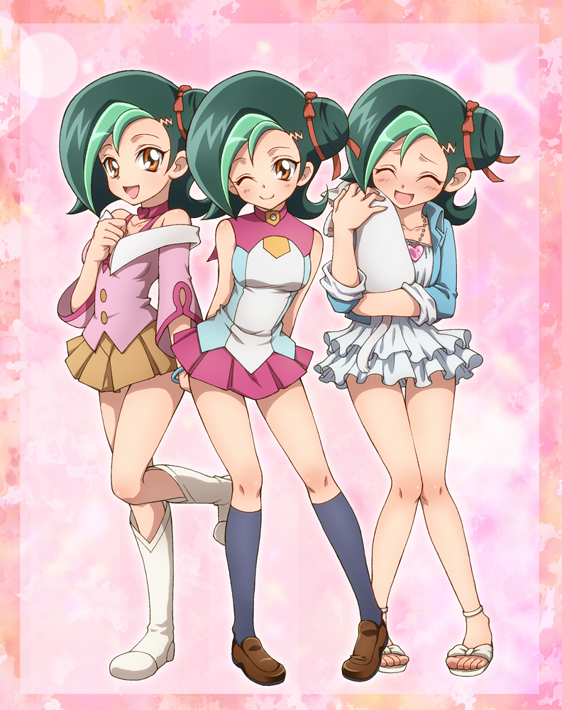3girls, artist_request, blush, bracelet, cat, choker, dress, green_hair