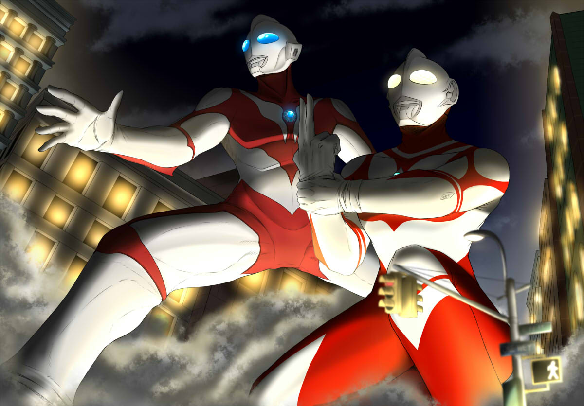 2boys, alien, blue_eyes, building, city_lights, color_timer, colored_skin, commentary_request
