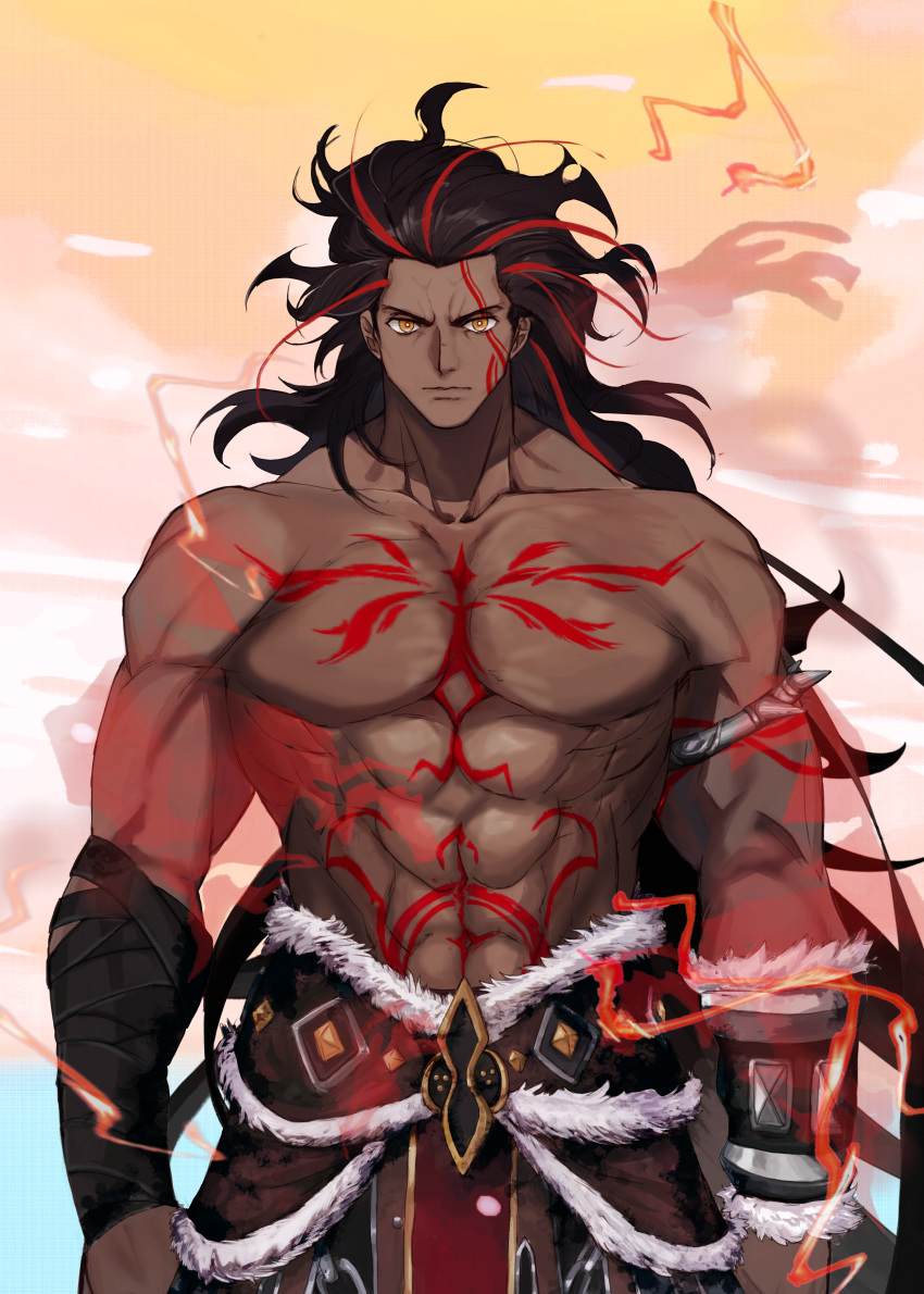 1boy, absurdres, alcides_(fate), black_hair, body_markings, chinese_commentary, commentary_request, dark-skinned_male, dark_skin, fate/strange_fake, fate_(series), heracles_(fate), highres, leanji, long_hair, looking_at_viewer, male_focus, multicolored_hair, muscular, muscular_male, orange_background, pelt, red_streaks, solo, topless_male, two-tone_hair, upper_body, yellow_eyes