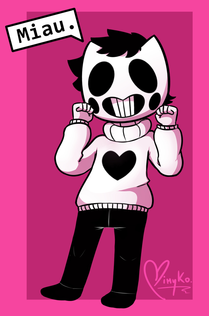 1boy, 2017, 2d, animal_mask, arm_up, artist_name, cat_mask, digital_media, full_body, heart, heart_print, highres, long_sleeves, male_focus, mask, mimyko-98_(xxmimykoxx), monochrome, off_(game), pants, red_background, short_hair, signature, solo, sweater, zacharie_(off)