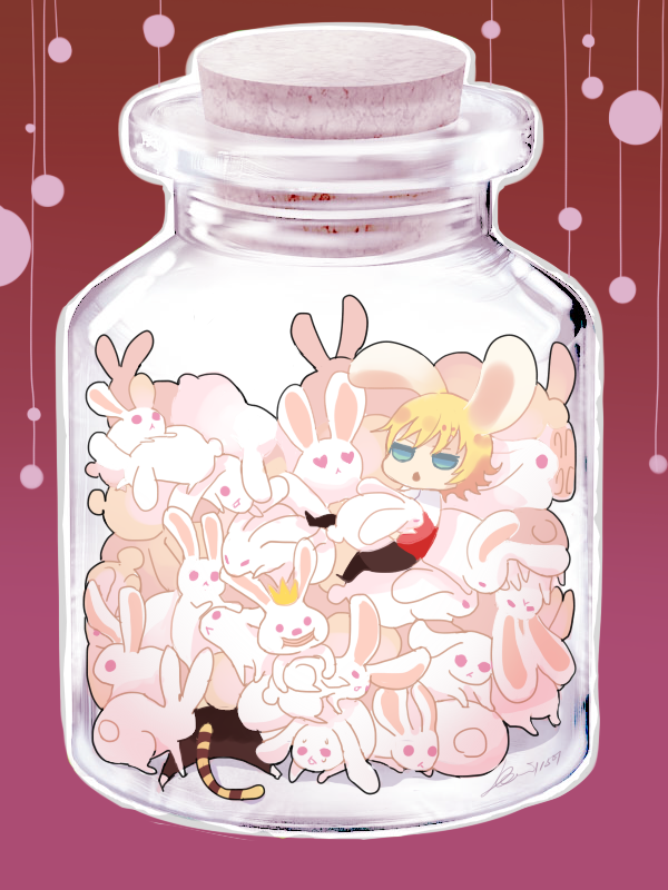 animal_ears, barnaby_brooks_jr, blonde_hair, blue_eyes, bottle, bunny, bunny_ears, crown