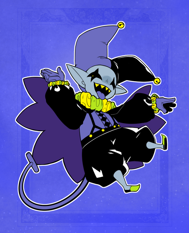 1boy, 2022, 2d, black_cape, black_hat, black_sclera, blue_skin, cape