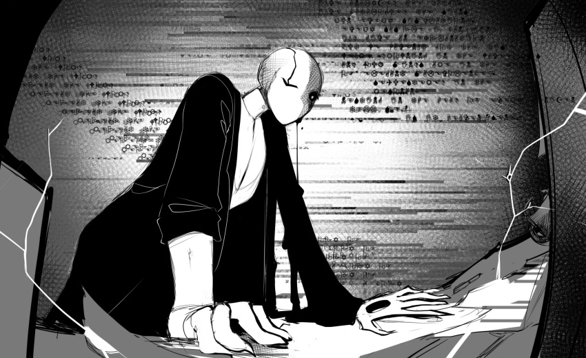 1boy, 2022, 2d, arm_support, black_coat, coat, digital_media, greyscale