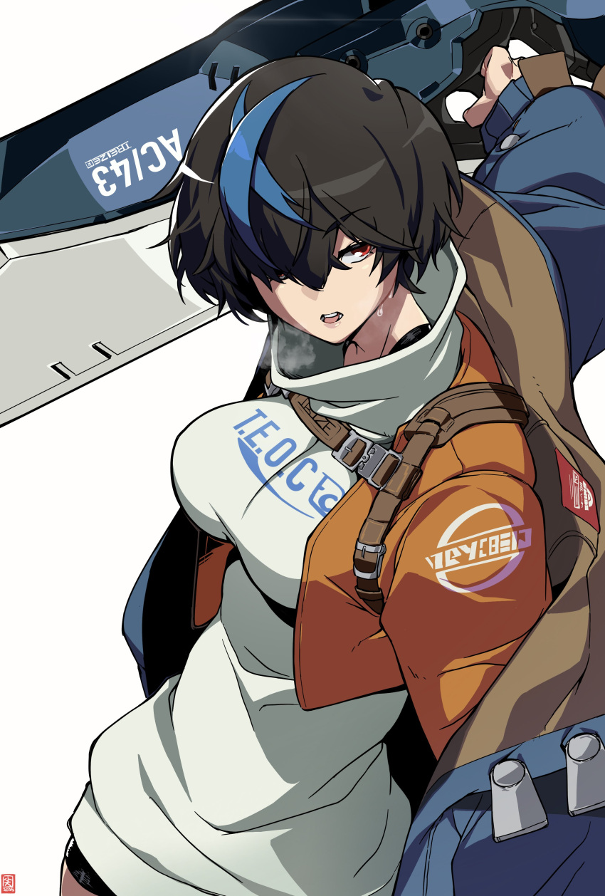 1girl, absurdres, bike_shorts, black_hair, black_shorts, black_thighhighs, blue_jacket, breasts, closed_mouth, cropped_jacket, guilty_gear, guilty_gear_strive, hair_over_one_eye, hatotheman, highres, holding, holding_weapon, jacket, large_breasts, looking_at_viewer, orange_jacket, red_eyes, short_hair, shorts, simple_background, skindentation, solo, sweater, thigh-highs, turtleneck, turtleneck_sweater, unika_(guilty_gear), weapon, white_background, white_sweater