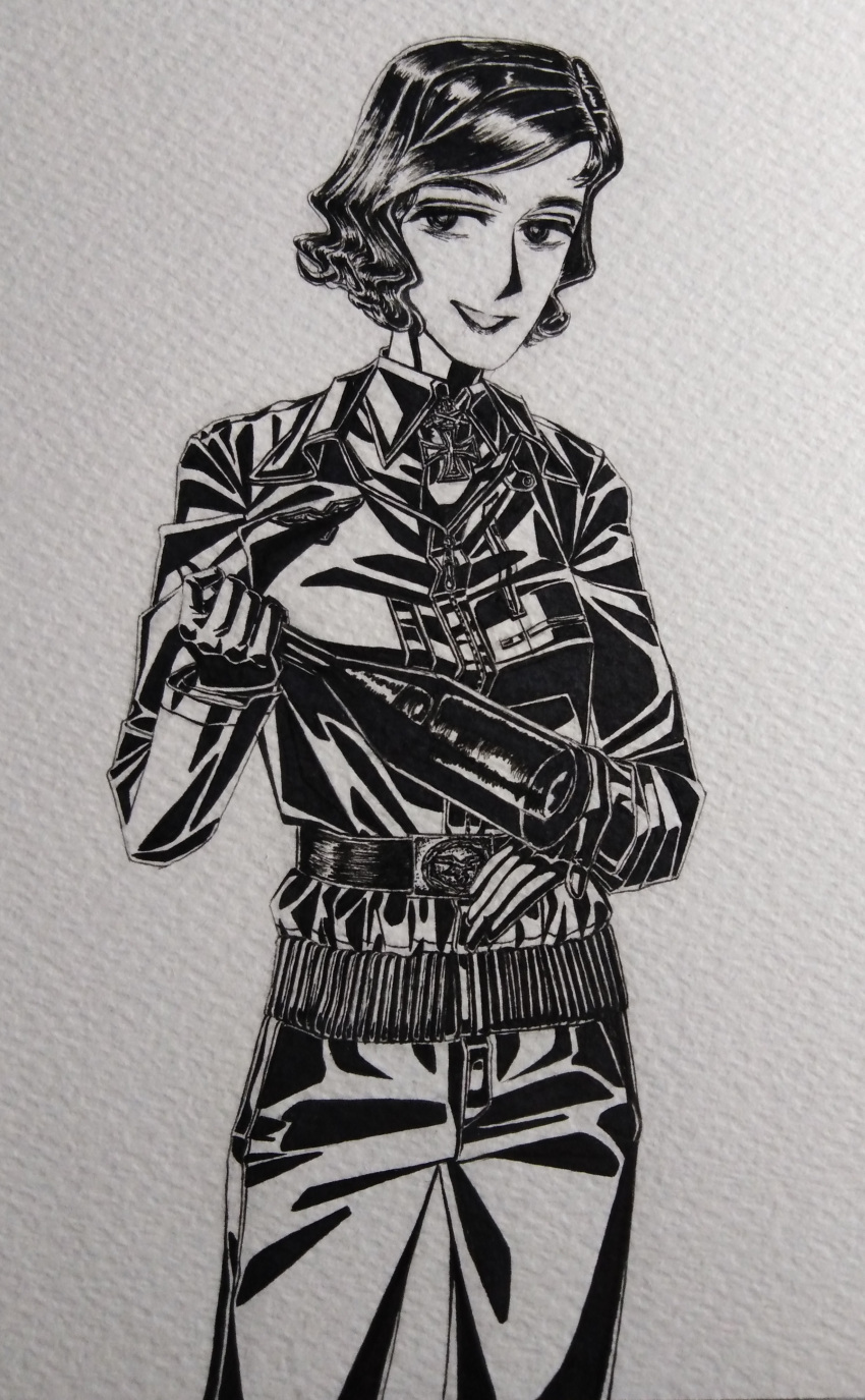 1girl, absurdres, belt_around_waist, belt_buckle, black_gloves, black_jacket, bob_cut, bordfunker133