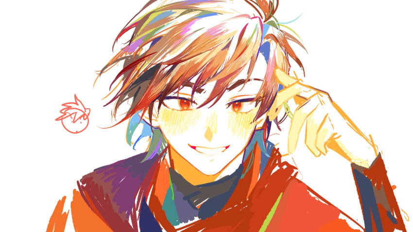 1boy, animification, blush, brown_hair, commentary, doodle_inset, grin, hand_up