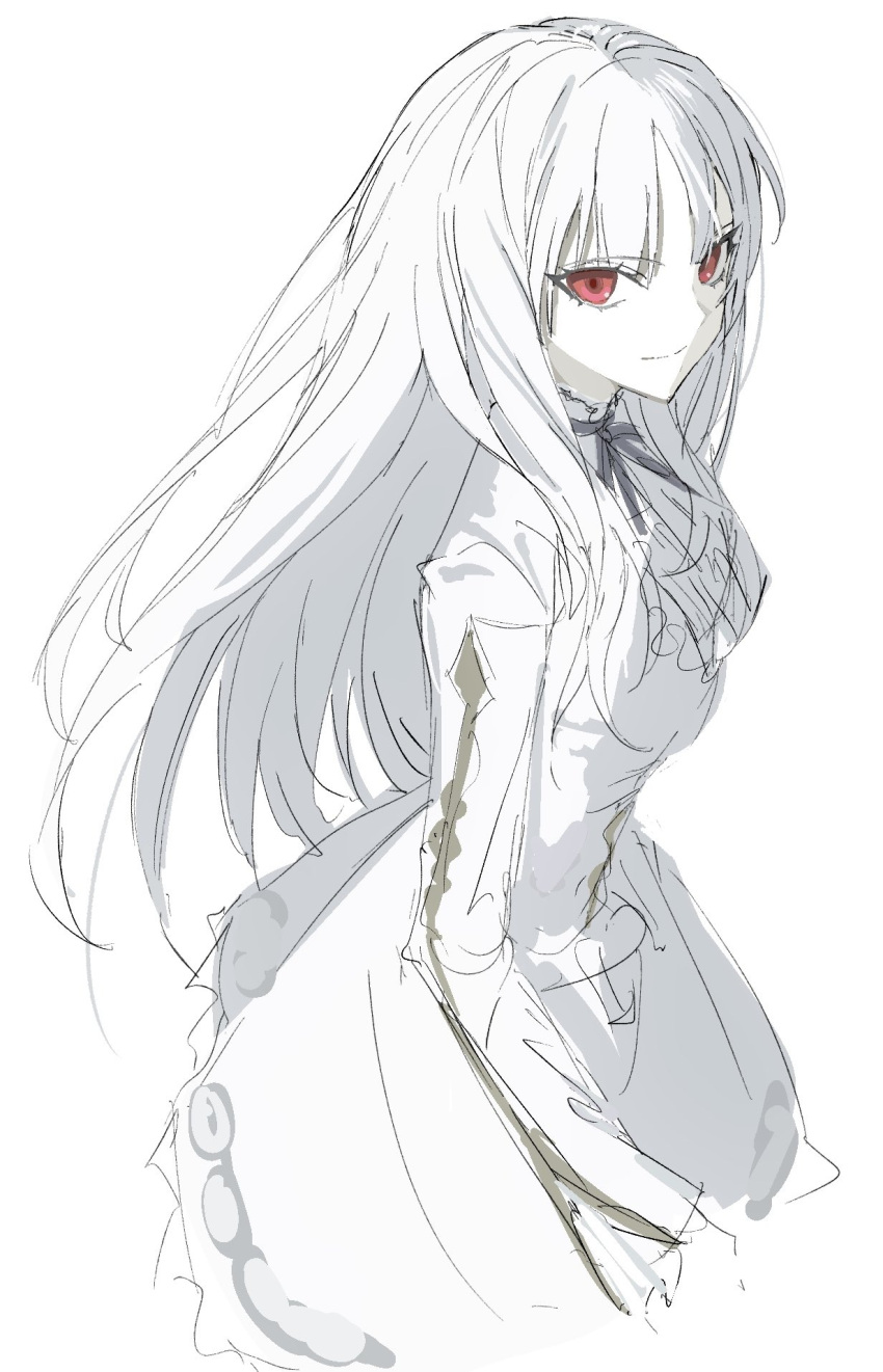 1girl, dress, fate/strange_fake, fate_(series), fgolz7l, fillia_(fate), highres, long_hair, long_sleeves, looking_at_viewer, red_eyes, simple_background, smile, solo, white_background, white_dress, white_hair