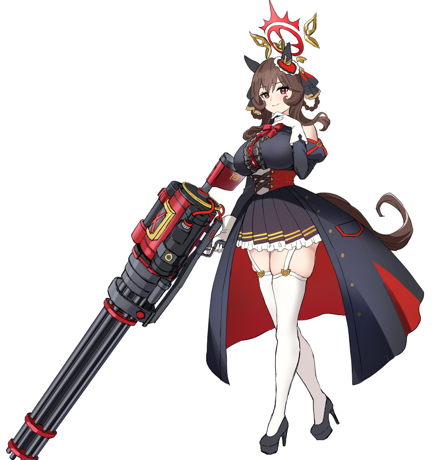 1girl, absurdres, animal_ears, blue_archive, breasts, brown_hair, ear_covers, garter_straps