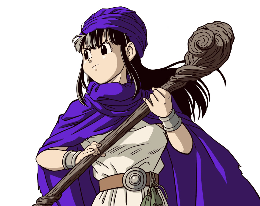 1girl, bracelet, breasts, cloak, commentary, cosplay, dragon_quest, dragon_quest_v