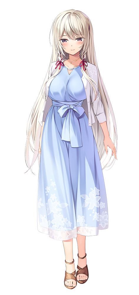 1girl, amaemi-longing_for_you-, arms_at_sides, blue_dress, blush, braid, braided_sidelocks, breasts