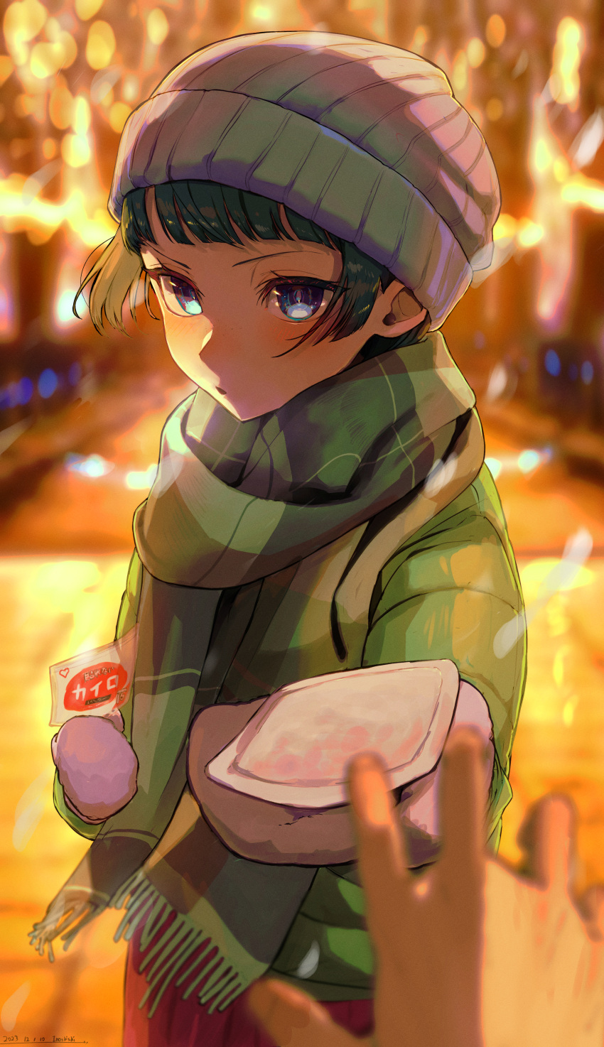 1girl, absurdres, beanie, blue_eyes, commentary_request, contemporary, hat, heat_pad