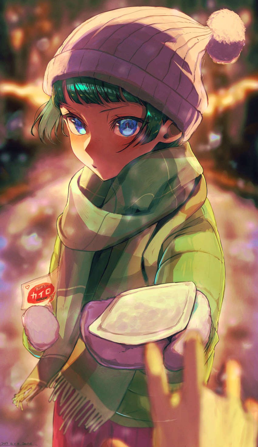 1girl, absurdres, beanie, blue_eyes, commentary_request, contemporary, hat, heat_pad