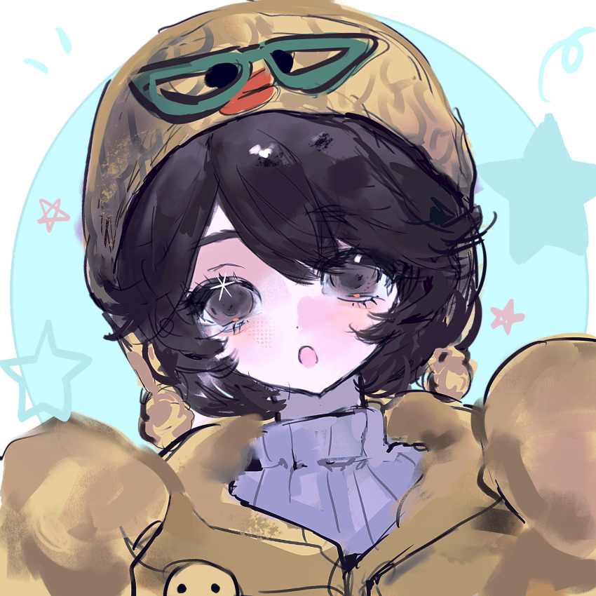 1girl, :o, bird, blue_background, brown_eyes, brown_hair, chinese_commentary, commentary_request