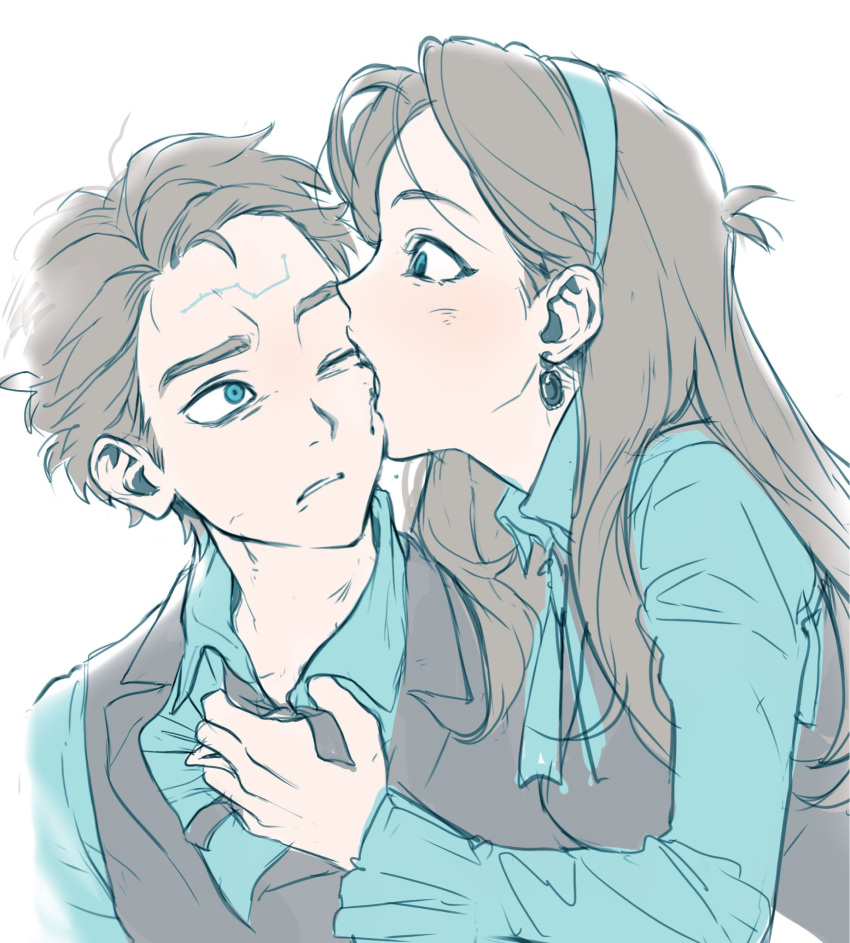1boy, 1girl, biting, biting_cheek, black_blood, black_cross_tie, black_vest, blood