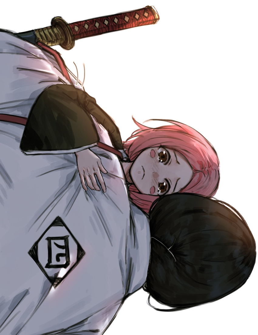 2girls, anima_tion_1, backlighting, black_hair, bleach, brown_eyes, carrying, carrying_person, child, crying, frown, haori, highres, japanese_clothes, kusajishi_yachiru, multiple_girls, pink_hair, shihakusho, sideways_glance, taichou_haori, tears, unohana_retsu, wavy_eyes, white_hair