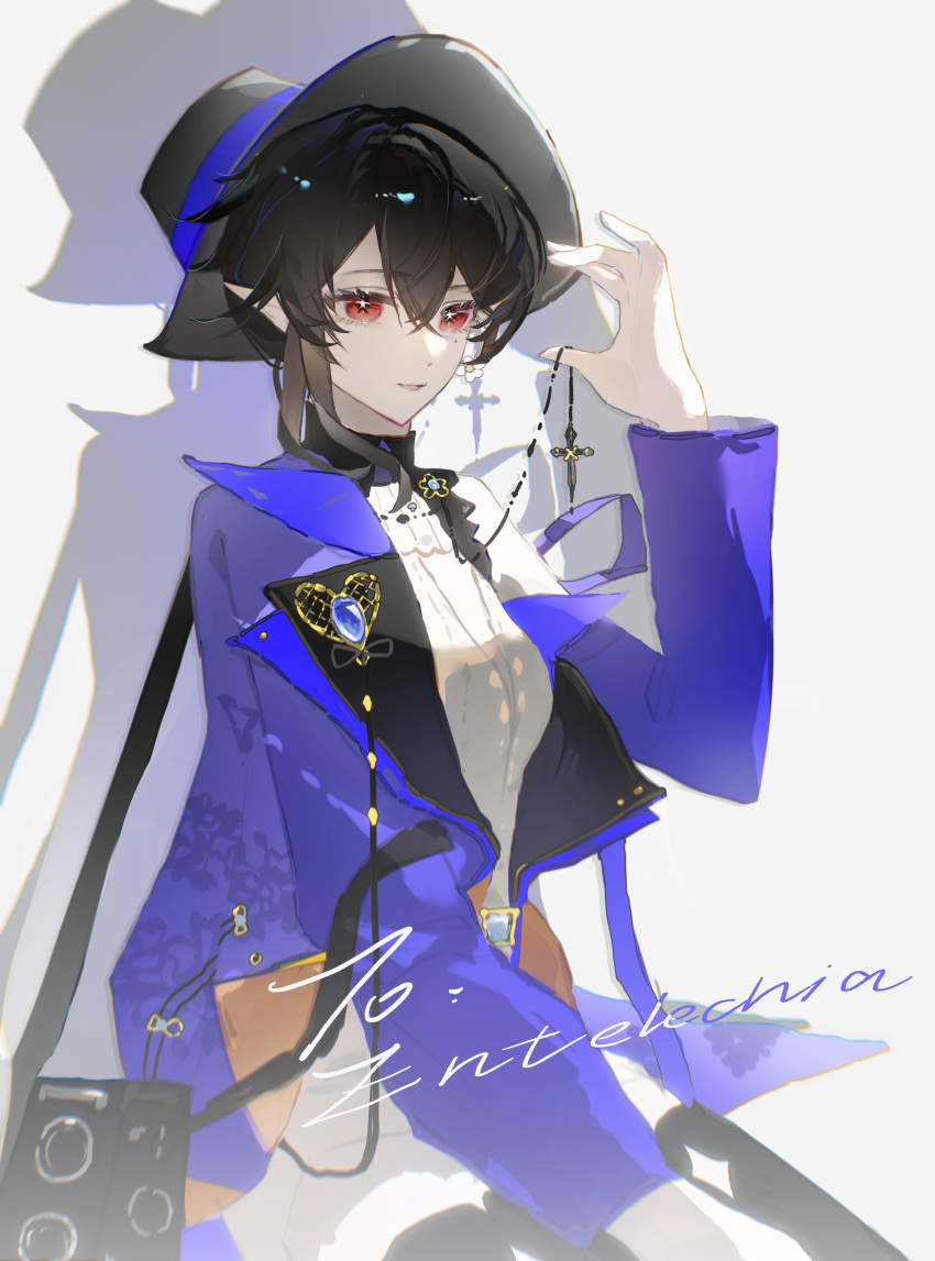 1girl, absurdres, arknights, black_hair, black_hat, black_thighhighs, blue_jacket, camera, character_name, clothing_cutout, cowboy_shot, cross, cross_necklace, crossed_bangs, dress, earrings, entelechia_(arknights), entelechia_(dazzling_blue)_(arknights), flower_earrings, hair_between_eyes, hat, highres, holding, holding_jewelry, holding_necklace, jacket, jewelry, jiu_yi_wu, lapel_pin, long_sleeves, looking_at_viewer, mole, mole_under_eye, necklace, official_alternate_costume, pointy_ears, red_eyes, short_hair, sidelocks, simple_background, sitting, solo, star-shaped_pupils, star_(symbol), strap, symbol-shaped_pupils, thigh-highs, white_dress