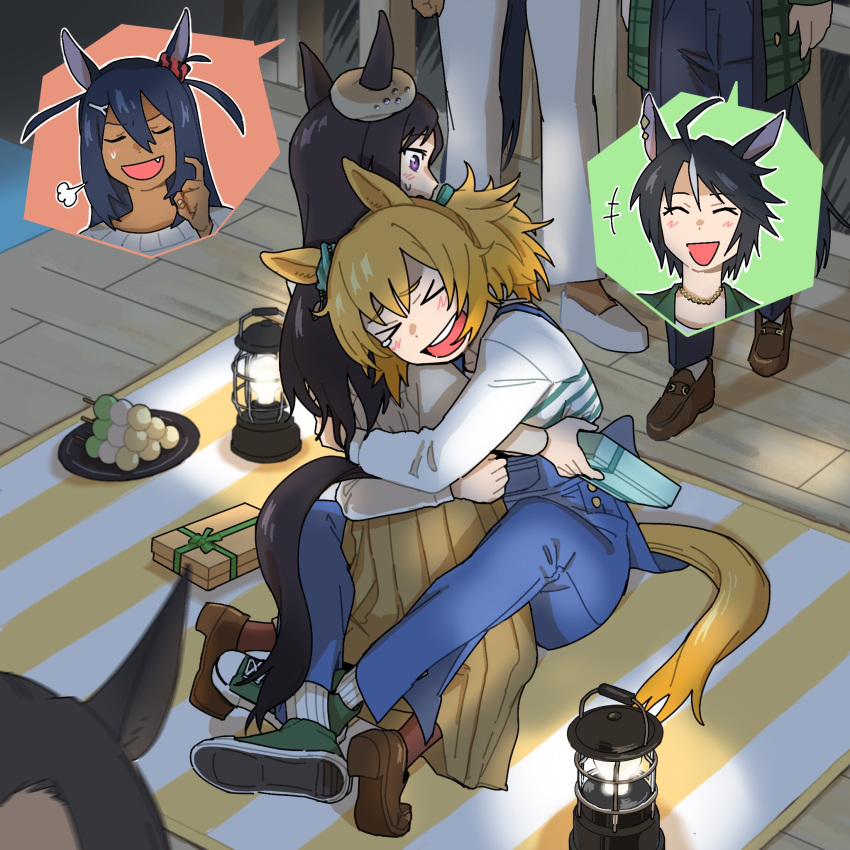 >_<, +++, 4girls, :d, alternate_costume, animal_ears, black_hair, blonde_hair, blue_overalls, blurry, blurry_foreground, box, brown_hair, casual, closed_eyes, commentary_request, dango, dark-skinned_female, dark_skin, fang, food, fuji_kiseki_(umamusume), furrowed_brow, gift, gift_box, grey_hair, happy, highres, hishi_amazon_(umamusume), holding, holding_box, holding_gift, horse_ears, horse_girl, horse_tail, ike_(user_hmra7432), kneeling, lamp, long_hair, long_sleeves, looking_at_another, mejiro_dober_(umamusume), multicolored_hair, multiple_girls, overalls, pants, puff_of_air, sanshoku_dango, shoes, sitting, skewer, smile, standing, sweater, taiki_shuttle_(umamusume), tail, tearing_up, two-tone_hair, umamusume, wagashi, xd