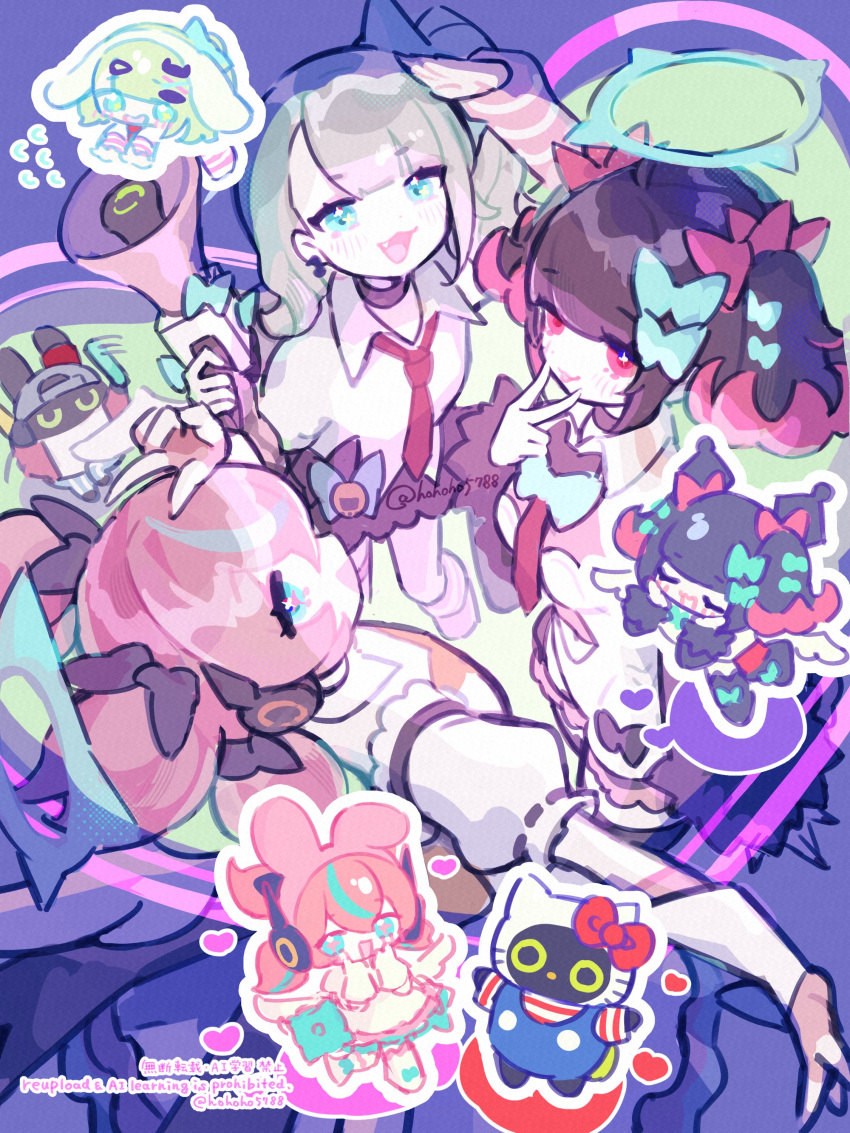3girls, absurdres, angels_of_delusion, aqua_hair, aqua_streaks, aria_(zenless_zone_zero), arm_warmers, bangboo_(zenless_zone_zero)