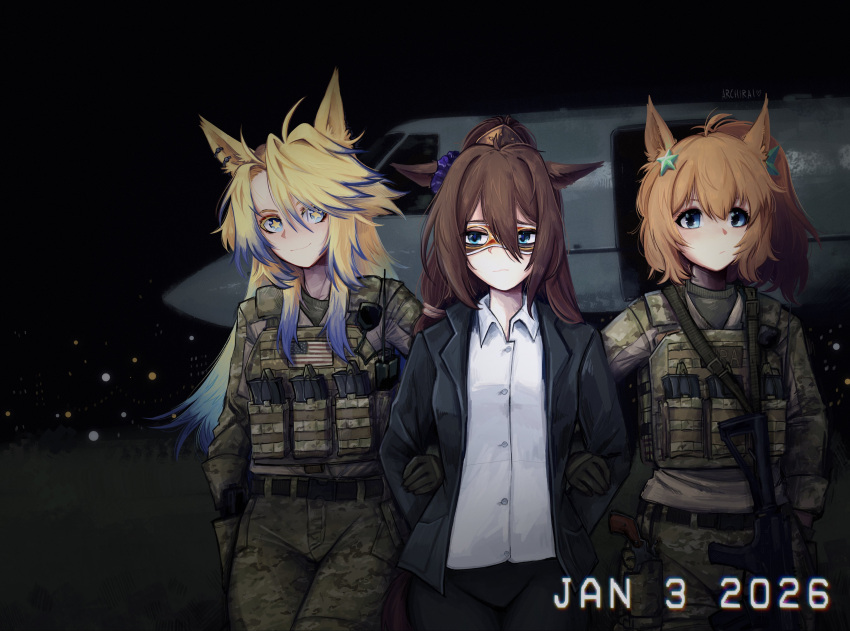 3girls, :/, absurdres, aircraft, airplane, american_flag, animal_ears, archirai