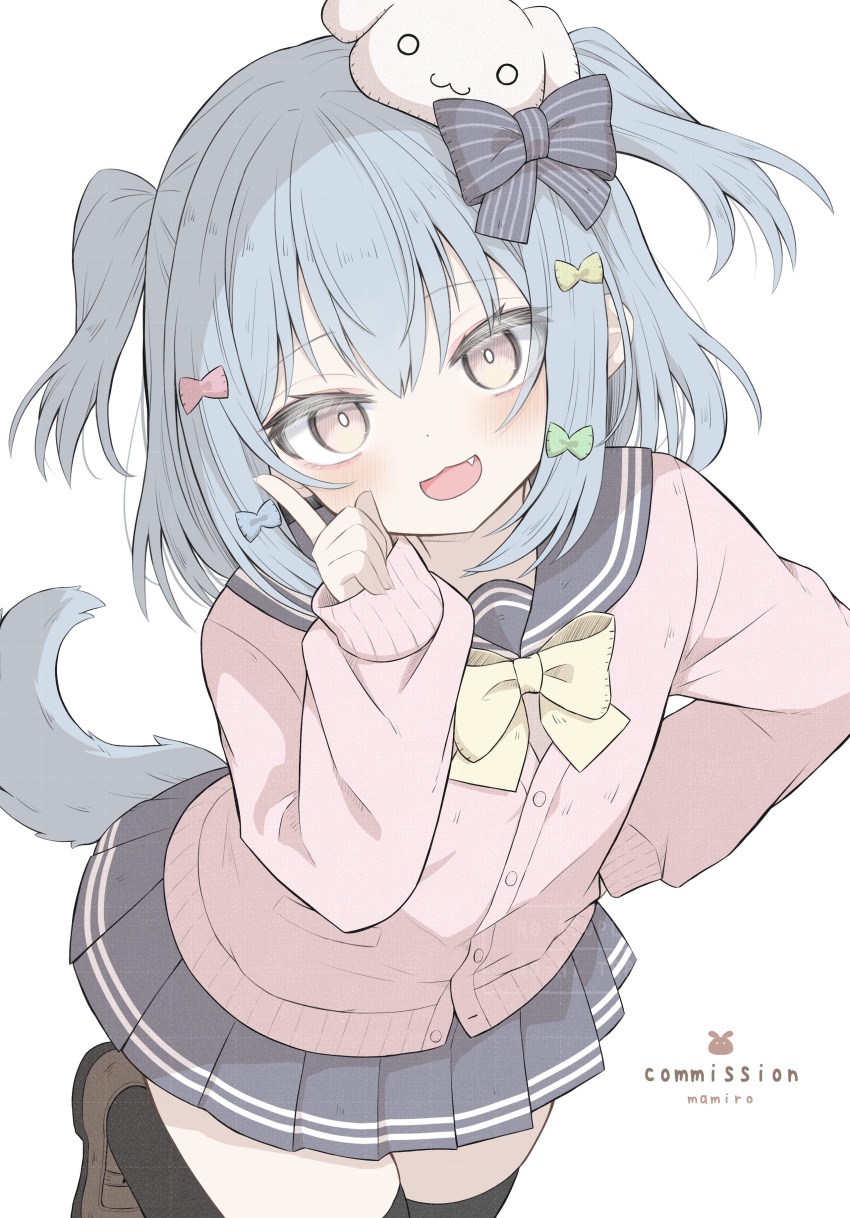 1boy, :3, :d, absurdres, artist_name, black_thighhighs, blue_bow, blue_hair