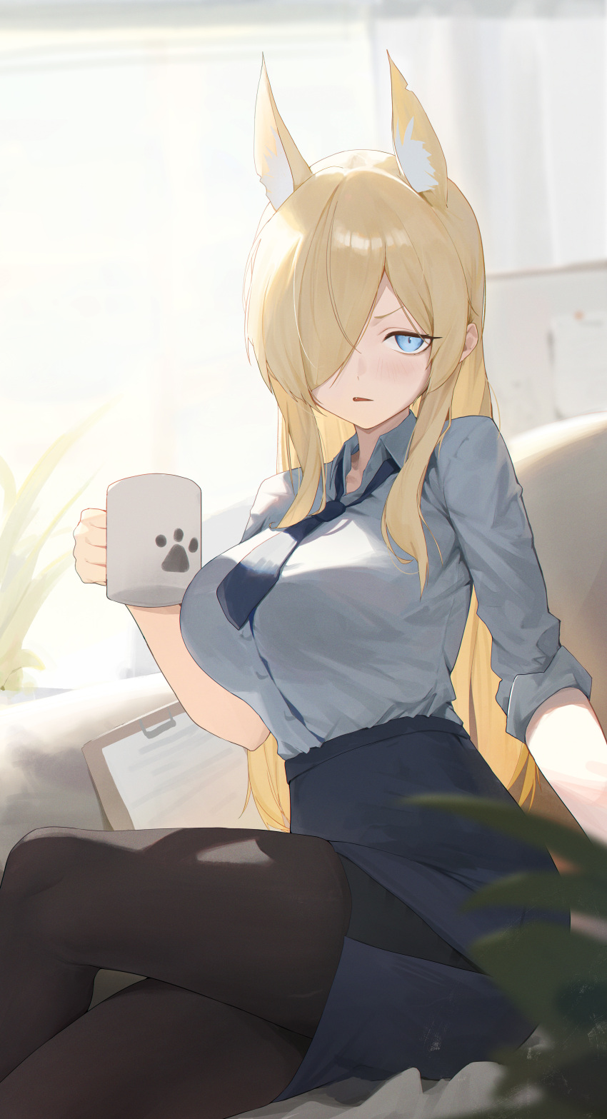 1girl, absurdres, animal_ear_fluff, animal_ears, black_pantyhose, blonde_hair, blue_archive, blue_eyes
