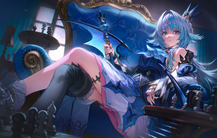 1girl, absurdres, ascot, black_thighhighs, blue_ascot, blue_dress, blue_eyes, breasts, cerydra_(honkai:_star_rail), chess_piece, chessboard, closed_mouth, commentary, couch, crossed_legs, crown, detached_sleeves, dress, hair_intakes, highres, holding, holding_scepter, honkai:_star_rail, honkai_(series), indoors, jewelry, long_hair, long_sleeves, looking_at_viewer, mini_crown, modatan, multiple_rings, on_couch, ring, scepter, single_thighhigh, sitting, sleeveless, sleeveless_dress, solo, thigh-highs, white_hair, wings