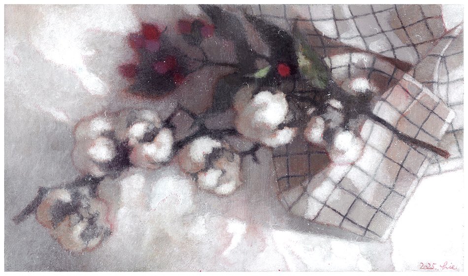 checkered_clothes, cotton_(plant), cotton_boll, flower, handkerchief, hgreeee, leaf, no_humans