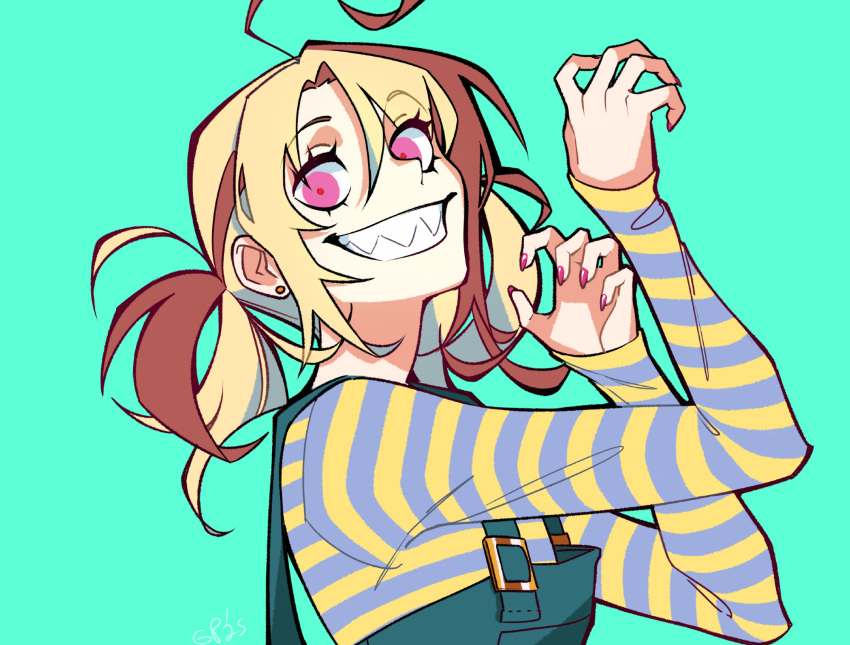 1girl, ahoge, blonde_hair, brown_hair, claw_pose, earrings, english_commentary, eyelashes