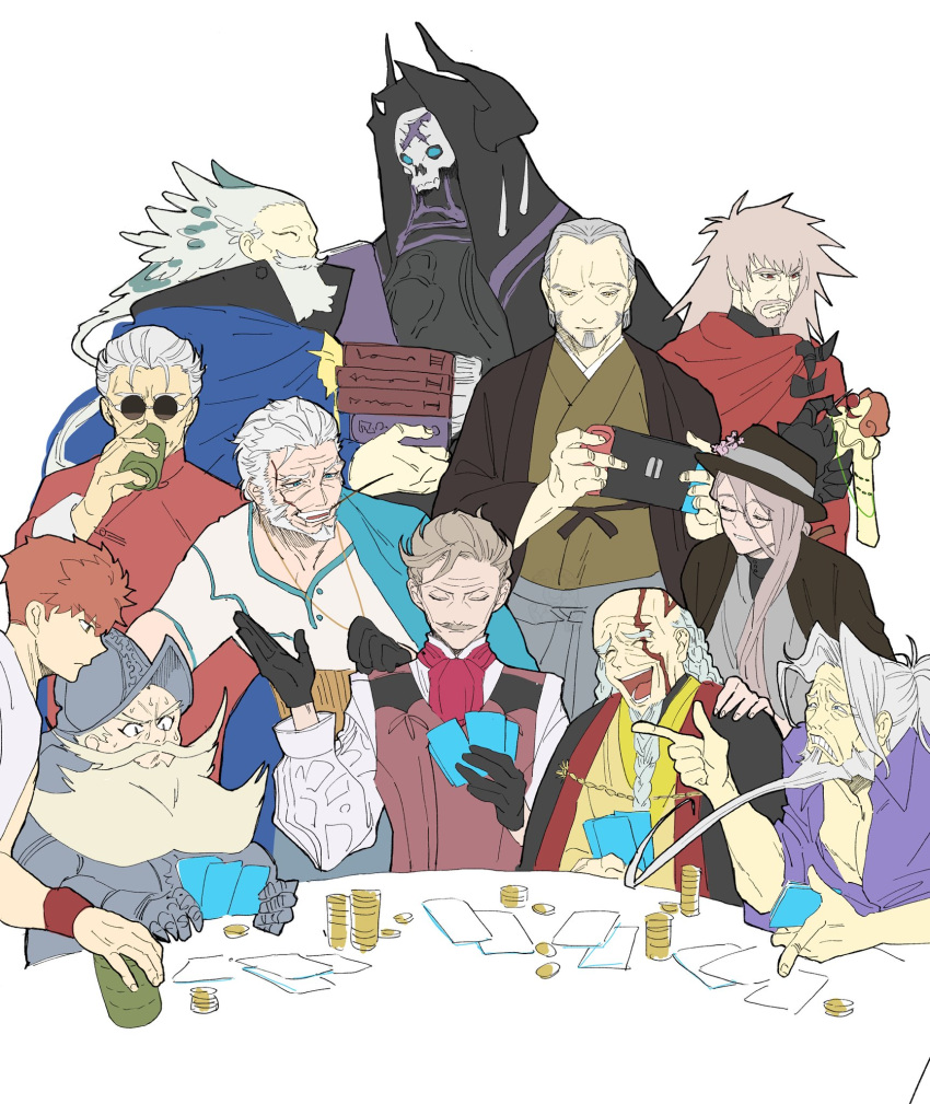 armor, ascot, balding, beard, black_cloak, black_gloves, black_haori, blue_cloak