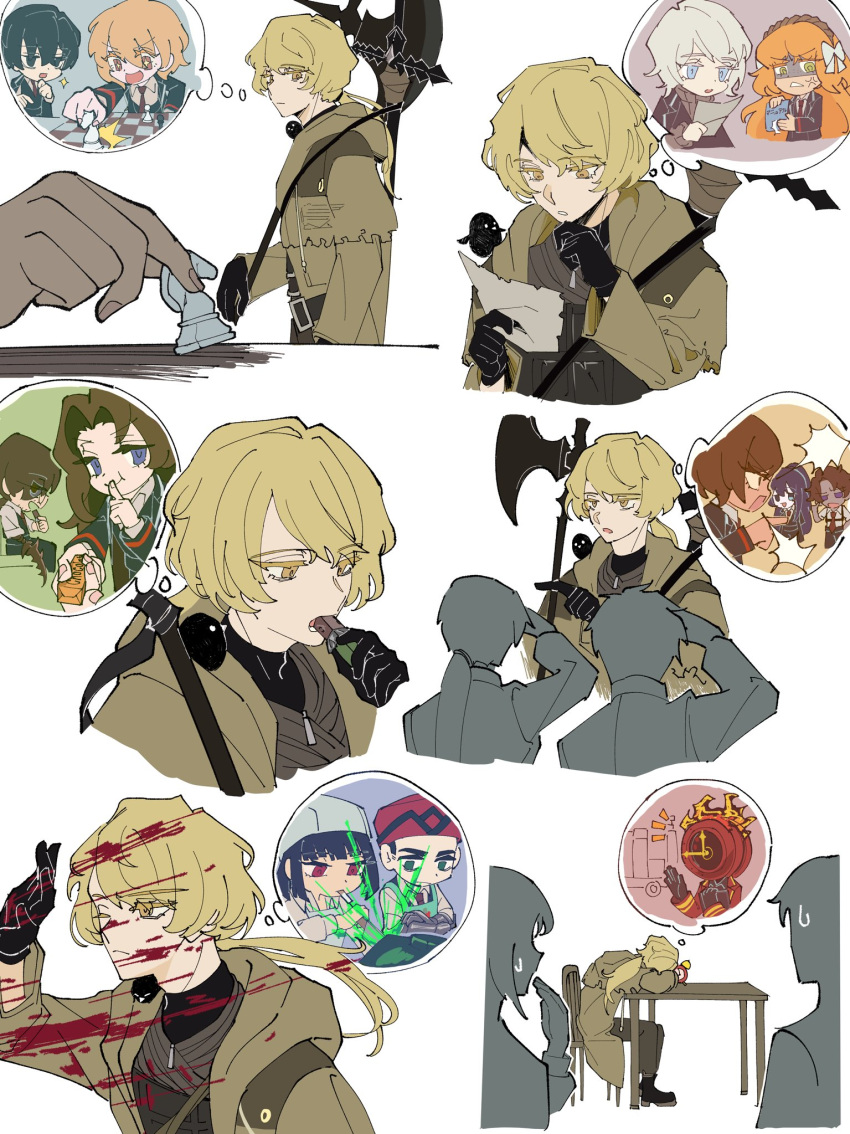 1boy, 2others, a_certain_sinclair_(project_moon), black_gloves, blood, blood_on_clothes, blood_on_face, chess_piece, chessboard, dante_(limbus_company), don_quixote_(project_moon), faust_(project_moon), gloves, gregor_(project_moon), halberd, hand_up, heathcliff_(project_moon), highres, hong_lu_(project_moon), imagining, index_finger_raised, ishmael_(project_moon), limbus_company, long_hair, low_ponytail, meursault_(project_moon), multiple_others, outis_(project_moon), polearm, ponytail, project_moon, rodion_(project_moon), rook_(chess), ryoshu_(project_moon), simple_background, sinclair_(project_moon), sousaku1853, speech_bubble, sword, sword_on_back, table, thought_bubble, weapon, weapon_on_back, white_background, yellow_eyes, yi_sang_(project_moon)