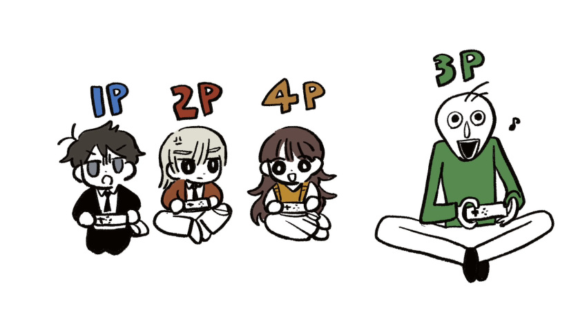 1girl, 3boys, :d, akinashi_haru, alternate_color, anger_vein, annoyed, bald