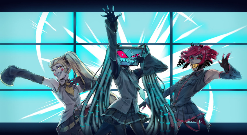3boys, akita_neru, akita_neru_(cosplay), alastor_(hazbin_hotel), alastor_horn, antenna_hair, antlers, aqua_eyes