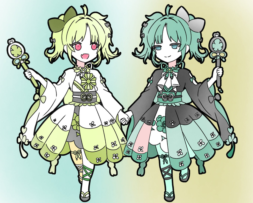 2girls, aqua_hair, blue_eyes, bow, bowtie, flower_ornament, highres, hirotyankay