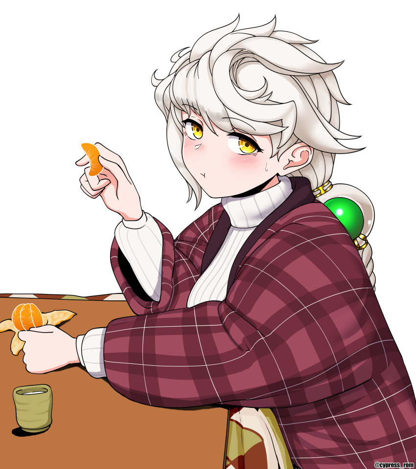 1girl, absurdres, asymmetrical_hair, braid, braided_ponytail, breasts, cypress_(hinokidou), food