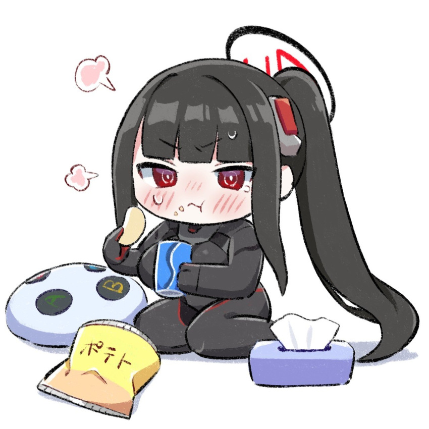1girl, black_hair, blue_archive, blush, breasts, chewing, chibi, chibi_only